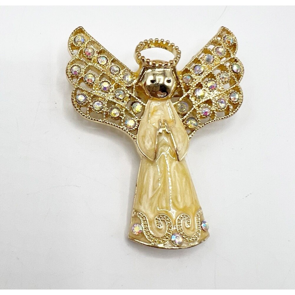 Monet Gold Tone Enameled Angel Brooch Pin Rhinestones Wings Holiday 2.25" - Picture 5 of 5